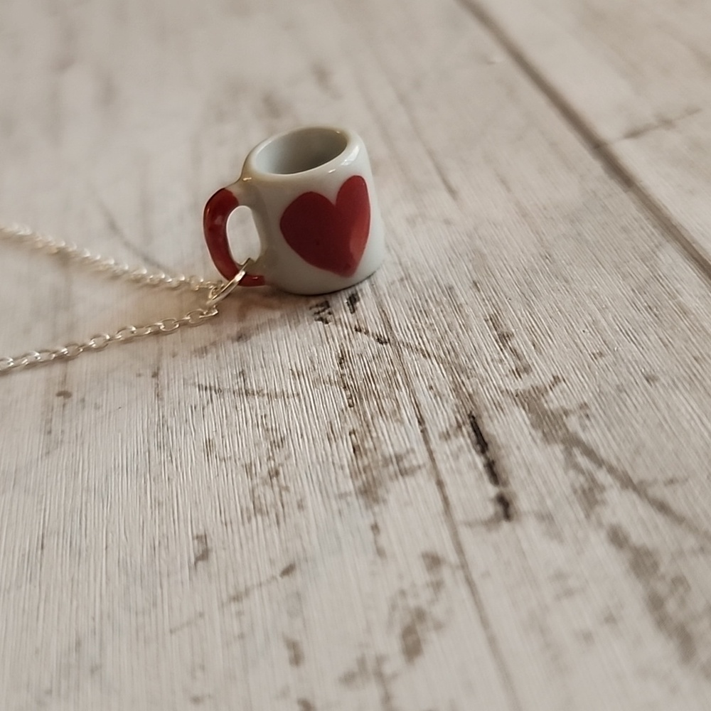 I Love Coffee NECKLACE Ceramic Mug 925S Plated - Picture 2 of 6
